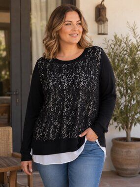 Black Lace Top Plus Size 14 Long Sleeve Sheer Floral Overlay Tunic Blouse
